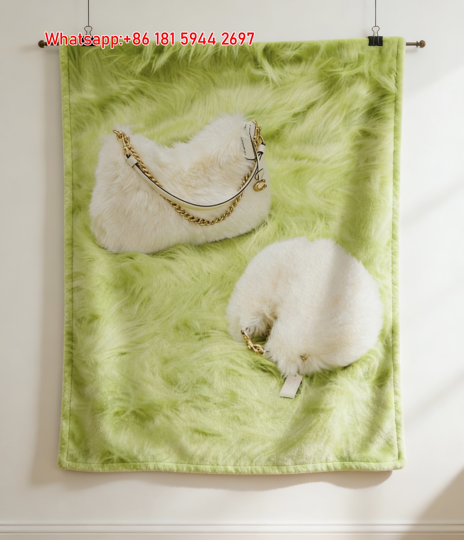 Coach Furry Shoulder Bag & Charm Green Fur Flannel Throw Blanket for Sofa and Wall Decor C371